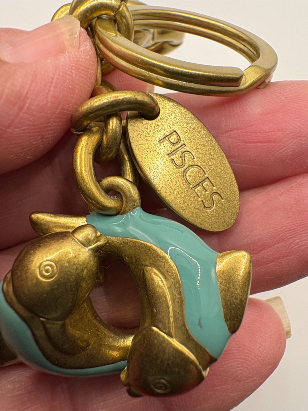 Mulberry Pisces Brass Keychain with Teal Enamel Fish Charm - Picture 3 of 6